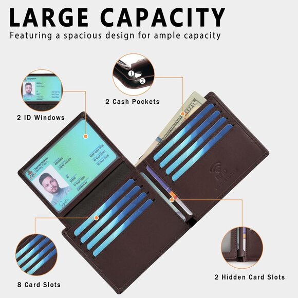 ⚡Travelambo Men Oil Wax Ochre Genuine Leather Handmade Bifold Stylish Wallets - Picture 5 of 9